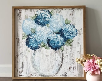 19 x 19 Framed Abstract Blue Hydrangea Painting on Wood