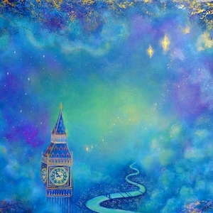 May include: An oil painting depicting the Elizabeth Tower, commonly known as Big Ben, rising from a sea of blue and purple clouds. A winding path leads toward the clock tower under a starry sky with bright yellow stars. Signed M. Nighty.