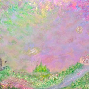 May include: An original painting depicting a whimsical landscape with a castle, a green city, and a building with a dome. The sky is a mix of pink, green, and yellow hues, with a moon and floating orbs. The text "Our Wicked Lies" is in the sky.