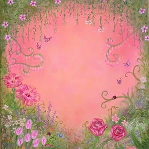 May include: An oil painting featuring a vibrant pink centre framed by lush green vines, hanging flowers, and various blossoms including pink roses and tulips. Small butterflies and a ladybird are scattered throughout the garden scene.