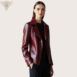 Burgundy Vegan Leather Jacket: Croc Embossed Slim Fit Coat