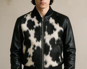 Rundbomberjack heren | Varsity-stijl echt leer | Echt koeienbont |