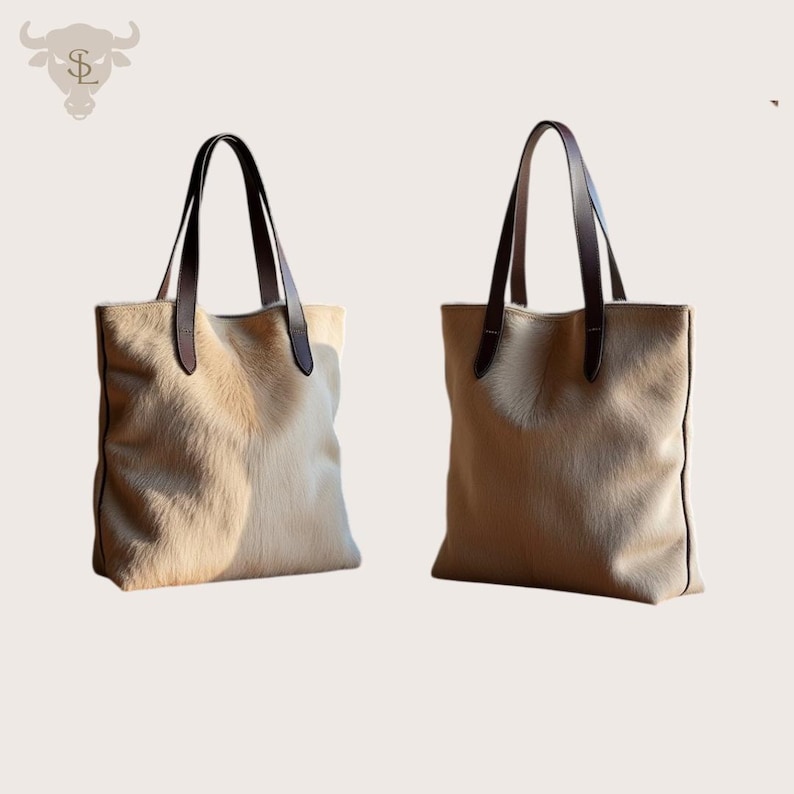 May include: Two beige leather tote bags with brown leather handles. The bags have a fuzzy texture.