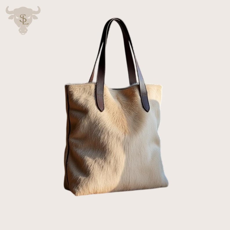May include: A light brown leather tote bag with brown leather handles. The bag has a fuzzy texture.
