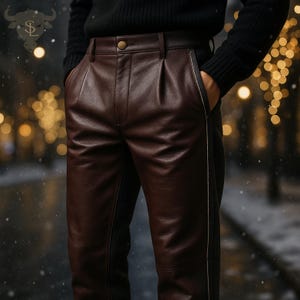 Könnte beinhalten: Braune Lederhose mit Knopfverschluss und Falten vorne. Die Hose hat ein klassisches Design mit maßgeschneiderter Passform. Die Taschen sind mit weißen Nähten akzentuiert. Die Hose besteht aus glattem, hochwertigem Leder.