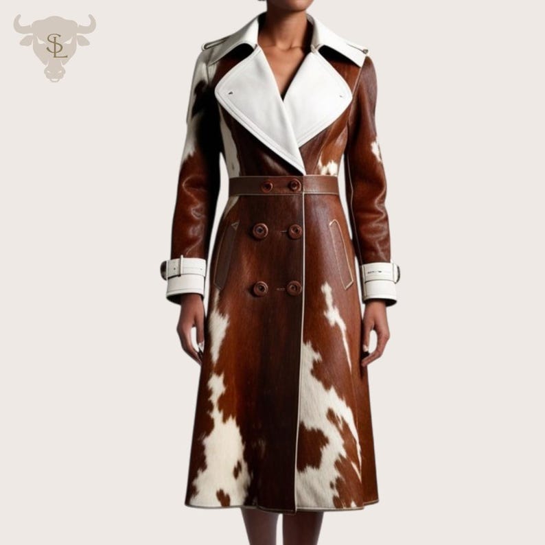 Pode incluir: Um trench coat longo, de abotoamento duplo, com um padr&atilde;o de pele de vaca castanho e branco. O casaco apresenta gola, punhos e cinto brancos. &Eacute; uma pe&ccedil;a de roupa exterior elegante.