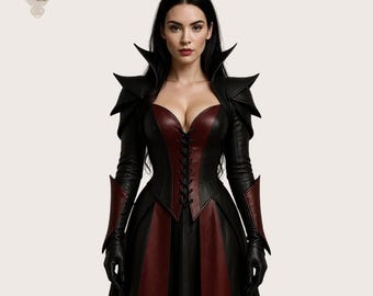 Women’s Gothic Leather Corset Dress | Black & Maroon Genuine Leather Costume with Spiked Shoulders
