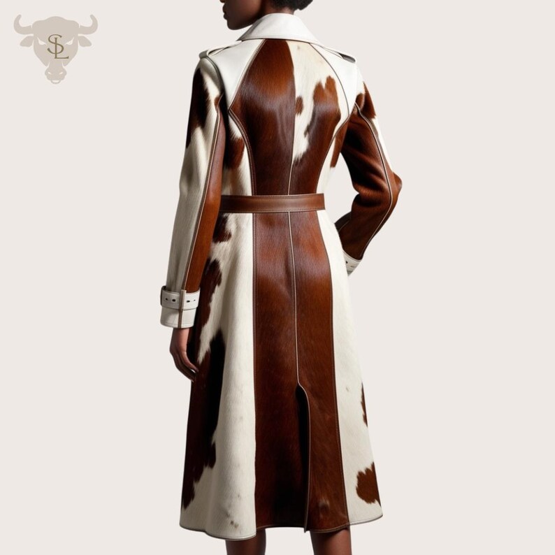 Pode incluir: Casaco comprido tipo trench de pele de vaca com um padr&atilde;o castanho e branco. O casaco apresenta um cinto de couro castanho, acabamentos brancos e uma fenda nas costas. O casaco tem um design cl&aacute;ssico de trench com gola e punhos abotoados.