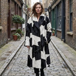May include: A long coat with a patchwork design in black and white. The coat has a wide lapel and a knee-length hem. The coat is worn by a person standing on a cobblestone street.