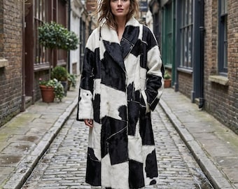 Casaco oversized de luxo feito à mão em patchwork de couro bovino | Casaco de inverno em couro com pelo