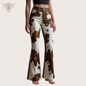 Braune Rindsleder Schlaghose - Western Schlaghose mit hohem Bund - Echte Rindsleder Damen Rodeo Hose - Handgemachte Festival Hose