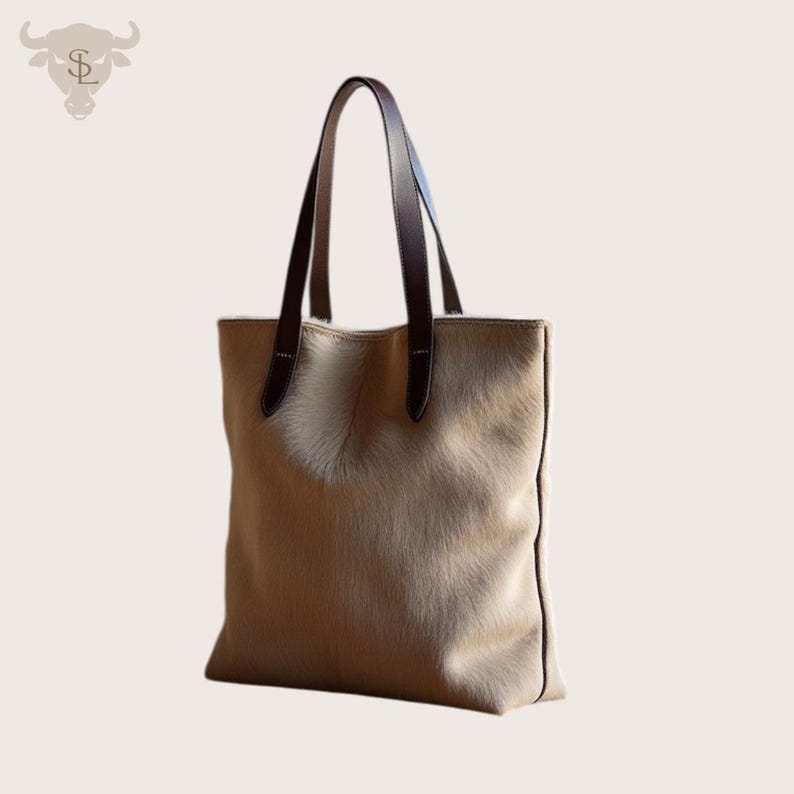 May include: A light brown leather tote bag with brown leather handles. The bag has a soft, fuzzy texture.