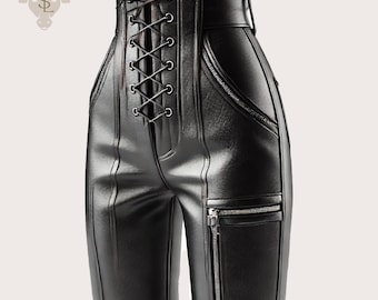 Handmade Black Sheepskin Leather Pants: Gothic Lace-Up Biker Trousers