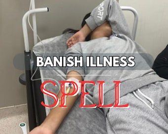 Könnte beinhalten: Eine Person liegt auf einem Krankenhausbett mit einem intravenösen Tropf in ihrem Arm. Die Person trägt einen grauen Trainingsanzug und hat den Arm über dem Gesicht. Die Worte "BANISH ILLNESS" und "SPELL" sind auf dem Bild überlagert.