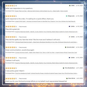 May include: Screenshot of customer reviews, each with a 5-star rating, praising the seller's responsiveness and the effectiveness of the spells. The reviews mention various spells, including revenge, wish, and road opening spells.