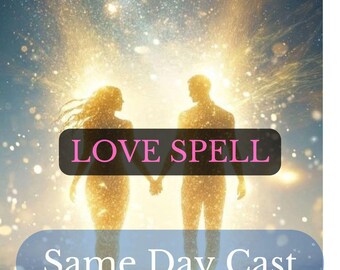 Puede incluir: Siluetas de dos personas de pie frente a una luz brillante y brillante con un fondo estrellado. El texto "LOVE SPELL" está en un cuadro negro con letras rosas. Debajo del texto hay un cuadro azul con el texto "Same Day Cast".