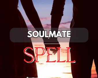 Puede incluir: Silueta de dos personas tomadas de la mano, con el texto "SOULMATE SPELL" superpuesto. El fondo presenta una puesta de sol con tonos naranja, rosa y azul. La imagen evoca temas de amor y relaciones.