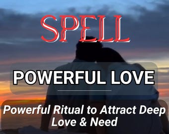 May include: Image with text: "SAME DAY CAST SPELL POWERFUL LOVE Powerful Ritual to Attract Deep Love & Need." The background shows a couple embracing at sunset. The word "SPELL" is in red with a white outline.