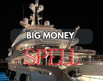 May include: A large, white luxury yacht at night with the words "BIG MONEY" and "SPELL" overlaid in red. The yacht has multiple decks, lights, and black fenders. The background is dark.