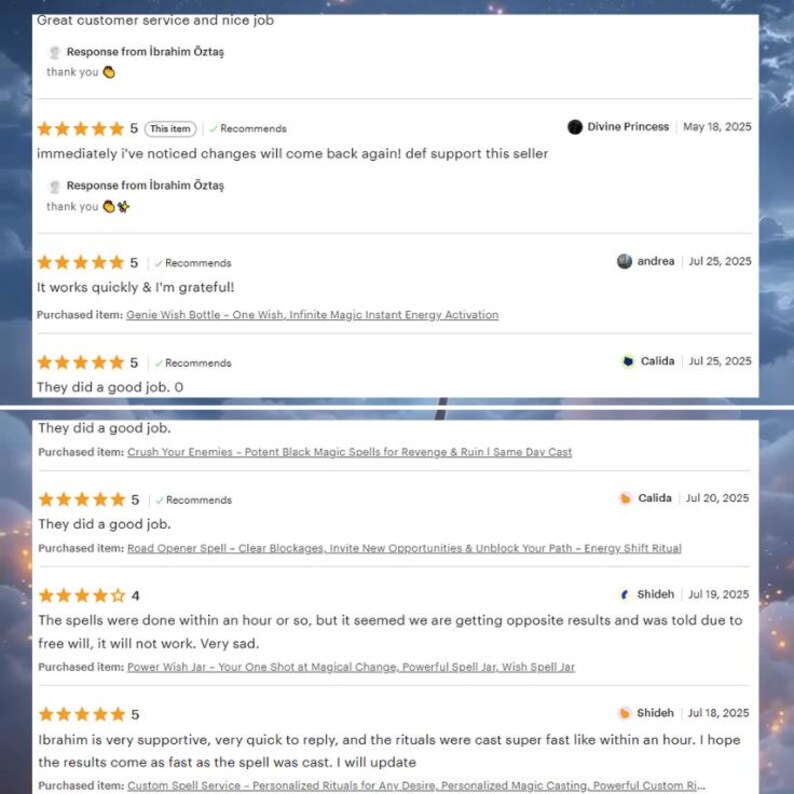 May include: A screenshot of customer reviews, featuring text and star ratings. The reviews praise the seller's customer service and the effectiveness of the products. The reviews mention spells and rituals.