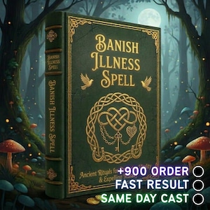 Op de afbeelding: Een groen boek met gouden letters en een Keltisch knoopontwerp, getiteld "Banish Illness Spell". De rug van het boek toont ook de titel. De achtergrond toont een bos met de tekst "Ancient Rituals" en "Fast Result".