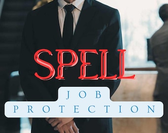 May include: A person in a black suit and tie, with an earpiece, stands in front of a blurred background. The word "SPELL" is in red, and "JOB PROTECTION" is in a blue box.