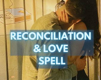 May include: Image features two people embracing, with the text "RECONCILIATION & LOVE SPELL" overlaid. The background includes a drawing and a date stamp. The overall scene suggests a romantic or relationship-focused theme.