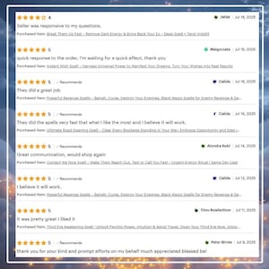 May include: Screenshot of customer reviews, featuring star ratings and comments. The reviews mention spells, fast service, and positive experiences. The text includes phrases like "great communication" and "I believe it will work."