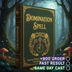 Puede incluir: Un libro verde titulado "DOMINATION SPELL" con letras doradas y diseños ornamentados. El libro presenta ilustraciones de puños blindados, una llave y el texto "Ancient Rituals" y "+900 ORDER". El fondo muestra una escena de bosque.