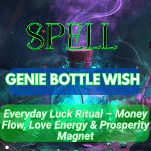Peut inclure: Image d'une bouteille de génie avec le mot "SPELL" en lettres néon vertes. En dessous, le texte indique "GENIE BOTTLE WISH" et "Everyday Luck Ritual - Money Flow, Love Energy & Prosperity Magnet."
