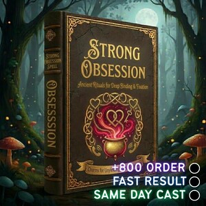 Könnte beinhalten: Ein Fantasy-Buch mit dem Titel "Strong Obsession" mit goldfarbenen Buchstaben und verzierten Rändern. Das Cover zeigt einen Kessel mit einem Herz- und Schlüsseldesign, mit dem Text "Ancient Rituals for Deep Binding & Fixation". Der Buchrücken lautet "Strong Obsession Spell" und "Obsession".