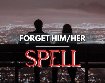 Könnte beinhalten: Silhouette von zwei Personen, die auf einer Bank sitzen, mit dem Text "FORGET HIM/HER" darüber und "SPELL" in Rot und Weiß darunter. Der Hintergrund zeigt eine Stadtlandschaft in der Abenddämmerung.