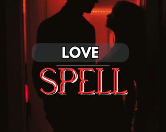 以下が含まれることがあります： 薄暗い赤い部屋にいるカップルのシルエット。画像には「LOVE SPELL」の文字が白と赤で表示されています。二人は向き合っており、ロマンチックな雰囲気を作り出しています。