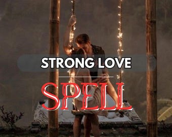 May include: Image of a couple on a swing with the words "STRONG LOVE SPELL" overlaid. The swing is decorated with lights and suspended between two bamboo poles. The background is a blurred landscape.
