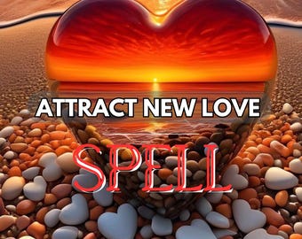 May include: Digital artwork with a heart-shaped object filled with pebbles, the words "ATTRACT NEW LOVE" and "SPELL" are overlaid. The background depicts a sunset over the sea, with a beach in the foreground.