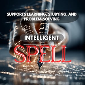 May include: A close-up of a hand holding a fountain pen, writing on a surface with script. The image includes the words "INTELLIGENT" and "SPELL" in white and red, and "SUPPORTS LEARNING, STUDYING, AND PROBLEM-SOLVING" in white.