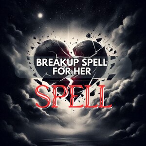 May include: Digital artwork depicting a shattered heart, with the words "BREAKUP SPELL FOR HER" in white and "SPELL" in red. The background is a dark, stormy sky with a bright moon.