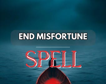 Könnte beinhalten: Ein rotes Ruderboot auf einem dunkelblauen Meer mit dem Wort "SPELL" in roten Buchstaben. Der Text "END MISFORTUNE" befindet sich über dem Boot. Eine Person sitzt im Boot.