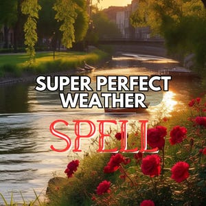 May include: A scenic image of a river with the text "SUPER PERFECT WEATHER" and "SPELL" overlaid. The scene includes a small boat, lush greenery, and vibrant red flowers, with a bridge in the background.