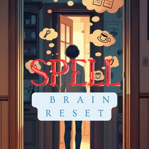May include: Digital illustration with the word "SPELL" in red over a person standing in a doorway. Below, the text "BRAIN RESET" is in a white rectangle. The background includes thought bubbles with icons.
