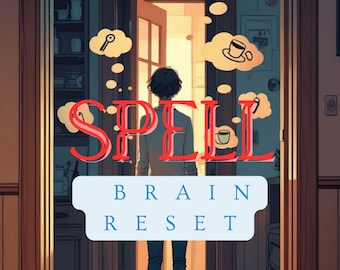 May include: Digital artwork featuring the word "SPELL" in red, superimposed on a person in a doorway. Below, a white rectangle reads "BRAIN RESET". The background includes thought bubbles with various icons.