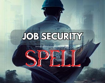 Puede incluir: Ilustración de una persona con casco azul, sosteniendo planos arquitectónicos, con las palabras "JOB SECURITY SPELL" superpuestas. El fondo presenta un paisaje urbano y un sitio de construcción.