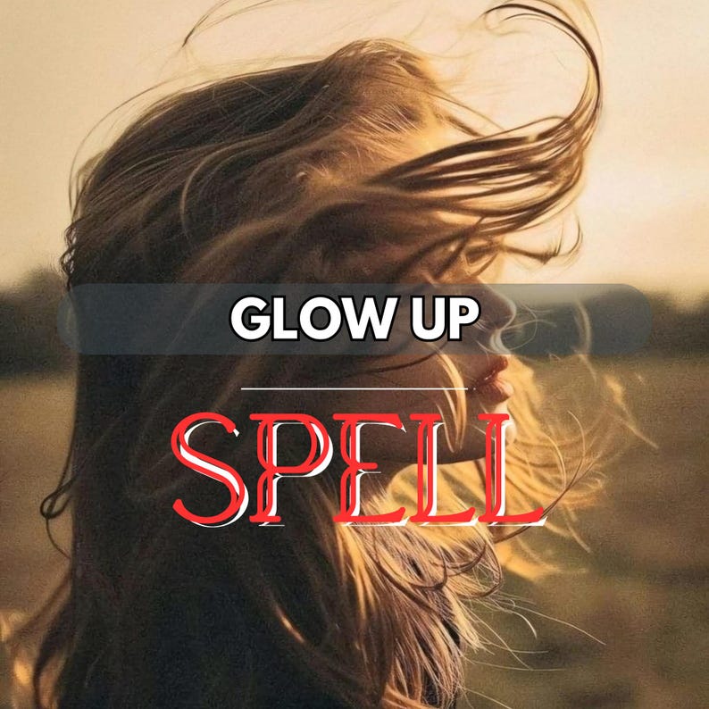 May include: A profile of a person with long, flowing blonde hair, partially obscuring the face. The words "GLOW UP" and "SPELL" are superimposed in white and red, respectively, against a blurred, warm-toned background.
