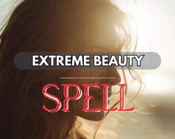 Puede incluir: Perfil de una persona con cabello largo y suelto, iluminado por la luz del sol. La imagen presenta el texto "EXTREME BEAUTY" en blanco sobre una pancarta gris oscuro, y la palabra "SPELL" en rojo.