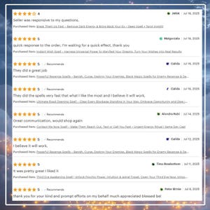 May include: Screenshot of customer reviews, featuring star ratings and comments. The reviews mention spells, fast service, and positive experiences. The text includes phrases like "great communication" and "I believe it will work."