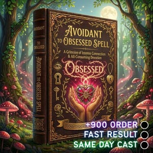 Pode incluir: Ilustração de um livro intitulado "Avoidant to Obsessed Spell". A capa marrom é adornada com detalhes dourados e um pingente em forma de coração. A imagem é ambientada em uma floresta mágica com cogumelos e lua cheia.