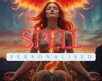 May include: Digital art featuring a woman with long red hair, eyes closed, and arms outstretched. The word "SPELL" is written in red across the image, with the word "PERSONALISED" below it. A fiery phoenix is in the background.