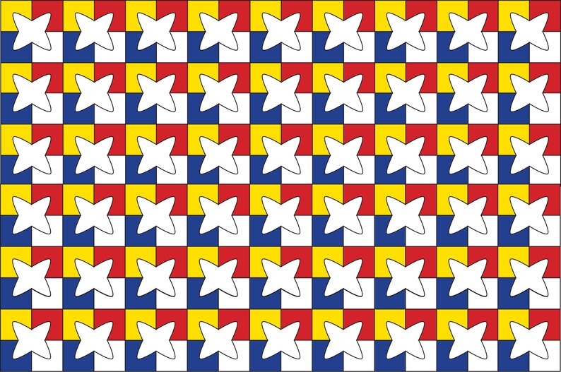 May include: A repeating pattern featuring white star shapes set against a grid of red, yellow, and blue squares. The design is symmetrical and creates a visually engaging, geometric effect.