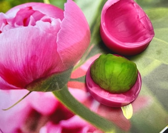 May include: Two pink silicone molds for crafting, one shaped like a hollow sphere and the other containing a textured green object. The molds are positioned against a printed background featuring a large, vibrant pink peony flower and green leaves.