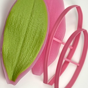 May include: A set of leaf-shaped tools including a green textured leaf mold, a pink leaf mold, and two pink leaf-shaped cutters. The molds feature detailed vein patterns on the surface, while the cutters have a simple, open-frame design.